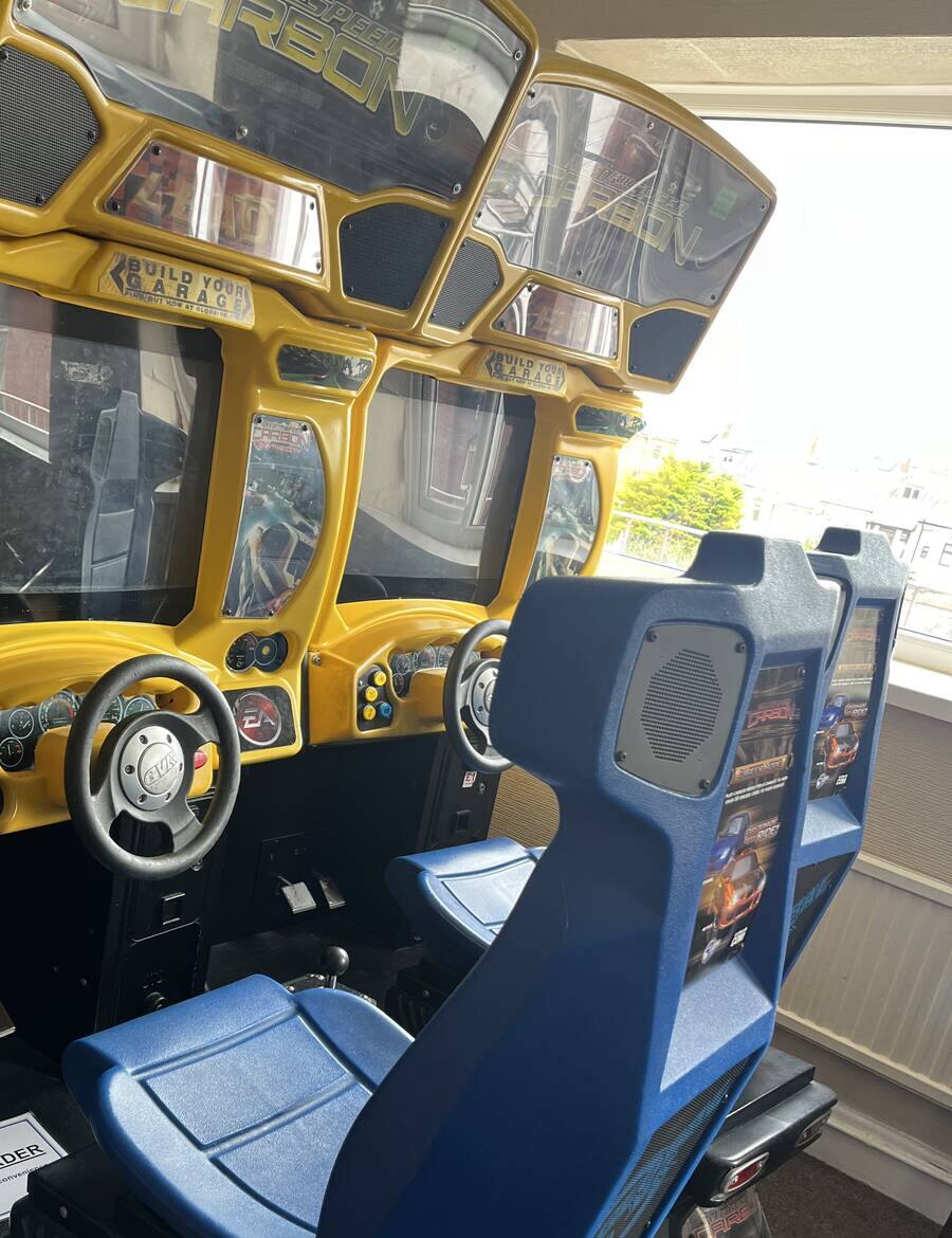Arcade machines in the games room at the Doric Hotel