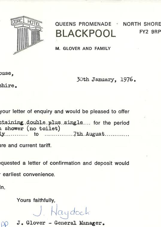 Letter from the Doric Hotel archive