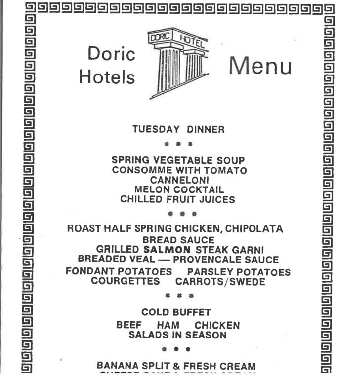 Menu from the Doric Hotel archive